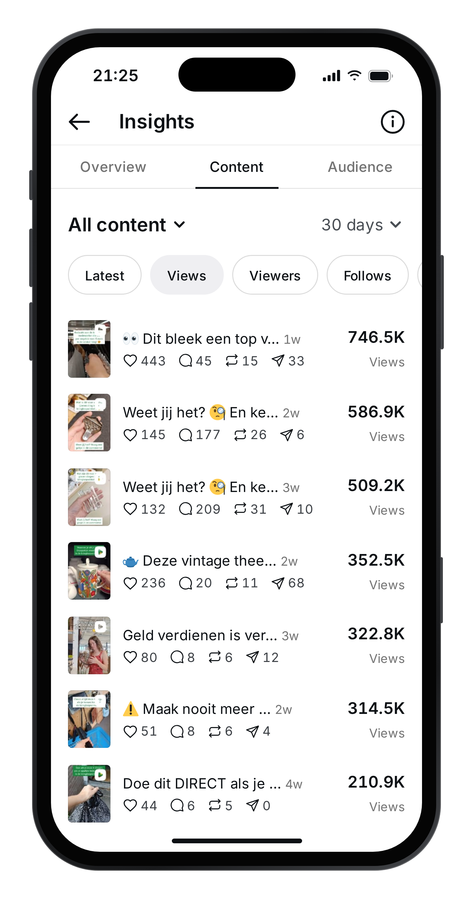 Instagram Insights met reels van 746.5K, 586.9K en 509.2K weergaven