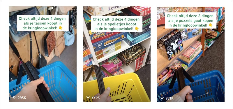 Drie video's uit een kringloopwinkel met 295K, 276K en 371K weergaven